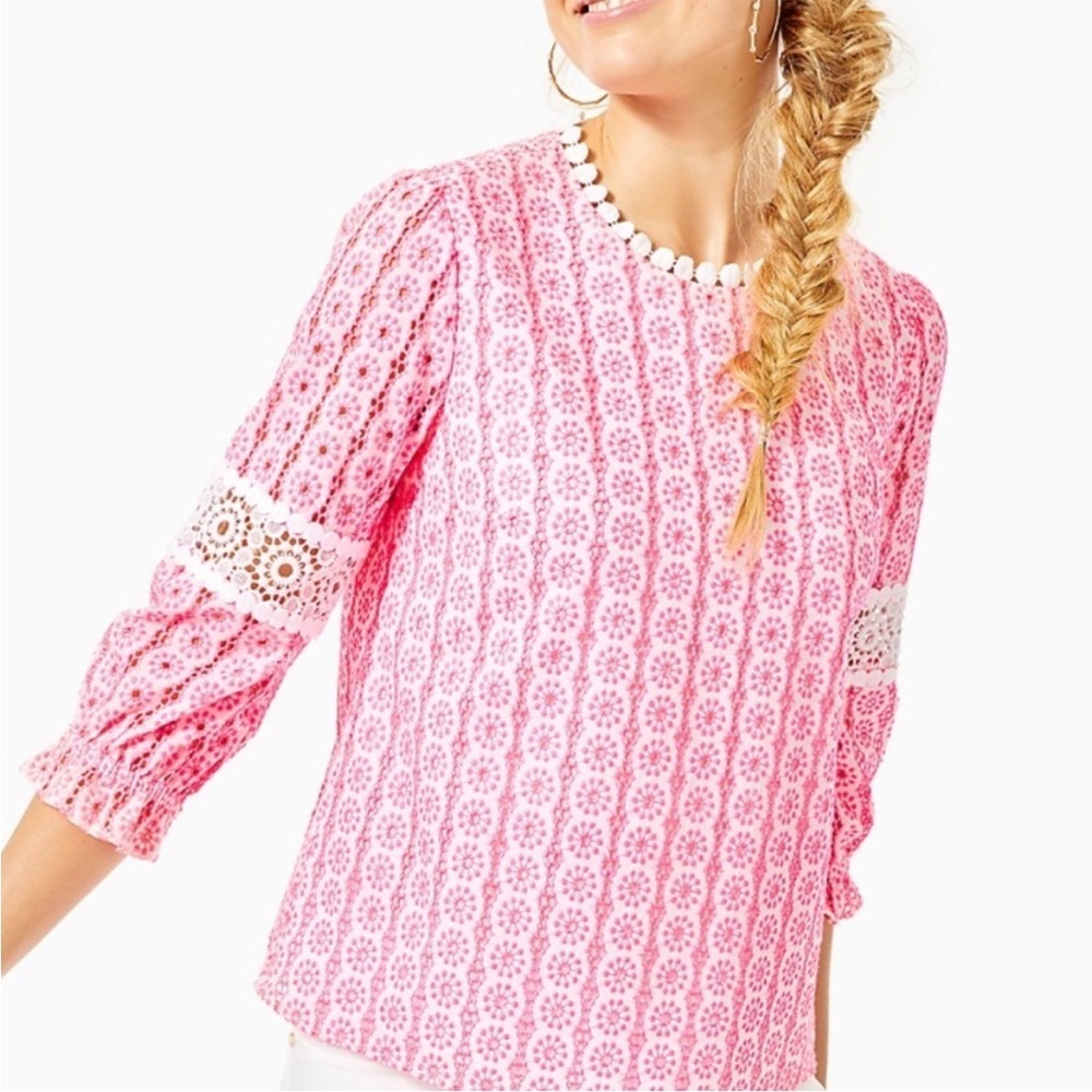 Lilly Pulitzer Jourdana Eyelet Top Lace Lilly's Coral Starburst Pink New Size 6